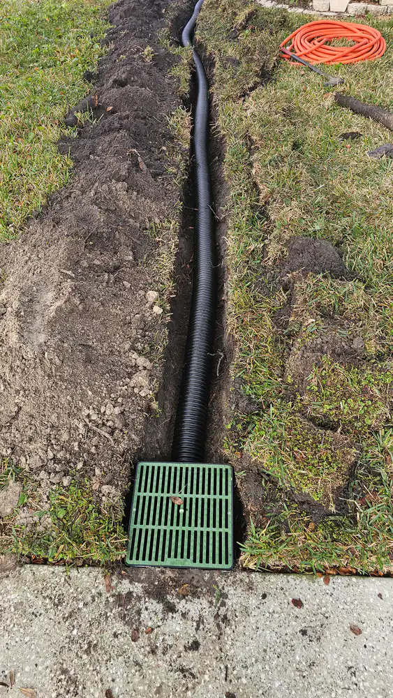 A black corrugated drain pipe in a trench ending at a green catch-basin grate