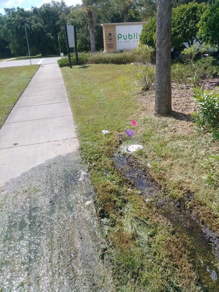 Standing water pooling along a sidewalk at a commercial entrance before correction