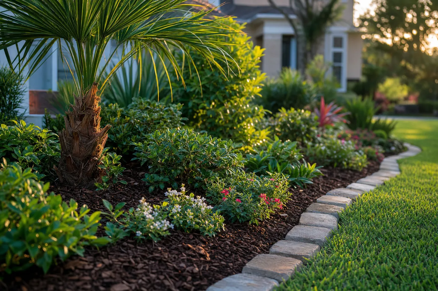 A freshly mulched and edged Florida garden bed at golden hour