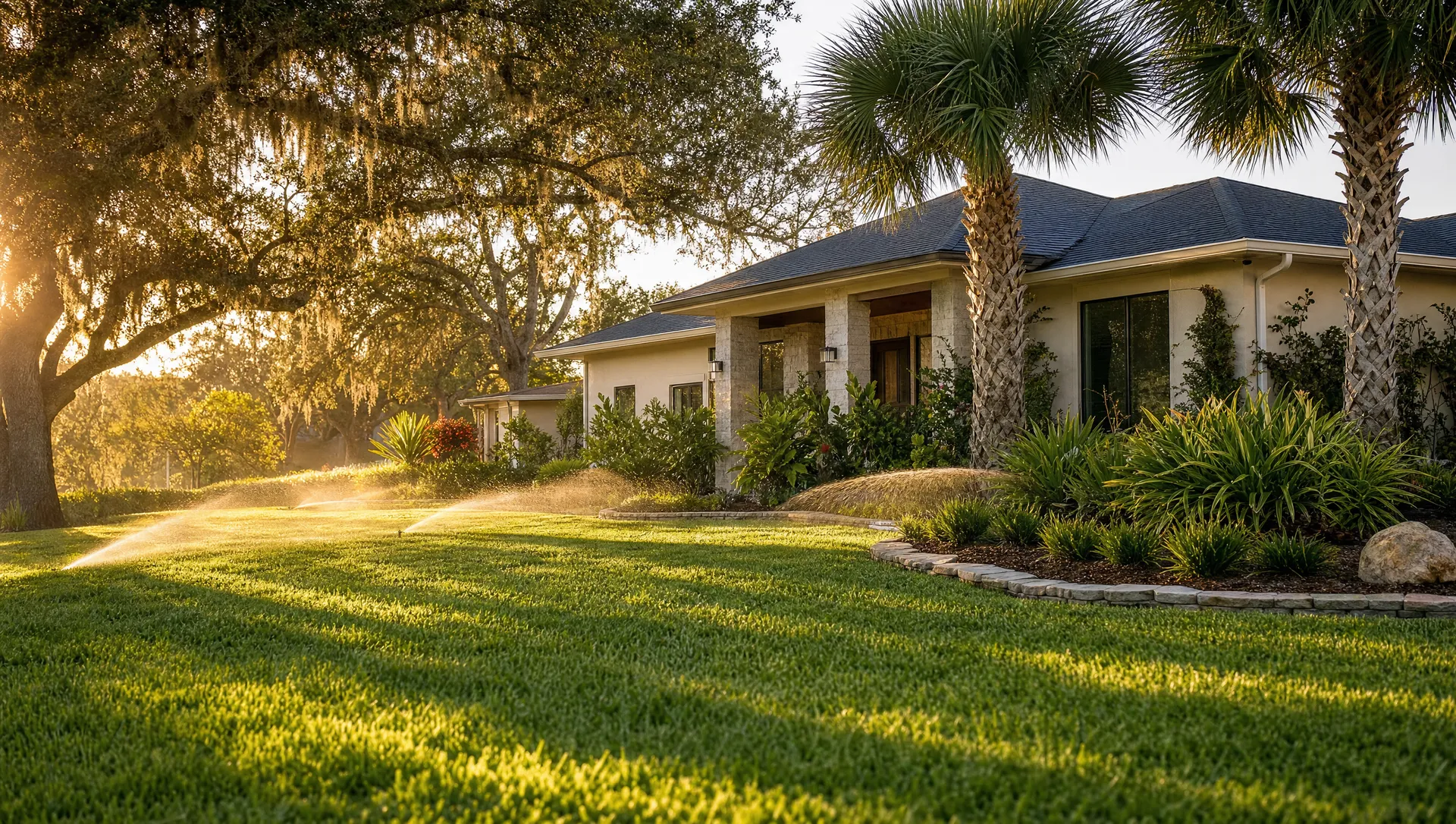 A lush, healthy Florida lawn at golden hour with sprinklers misting in the warm light, framed by oaks and palms in front of a clean modern home