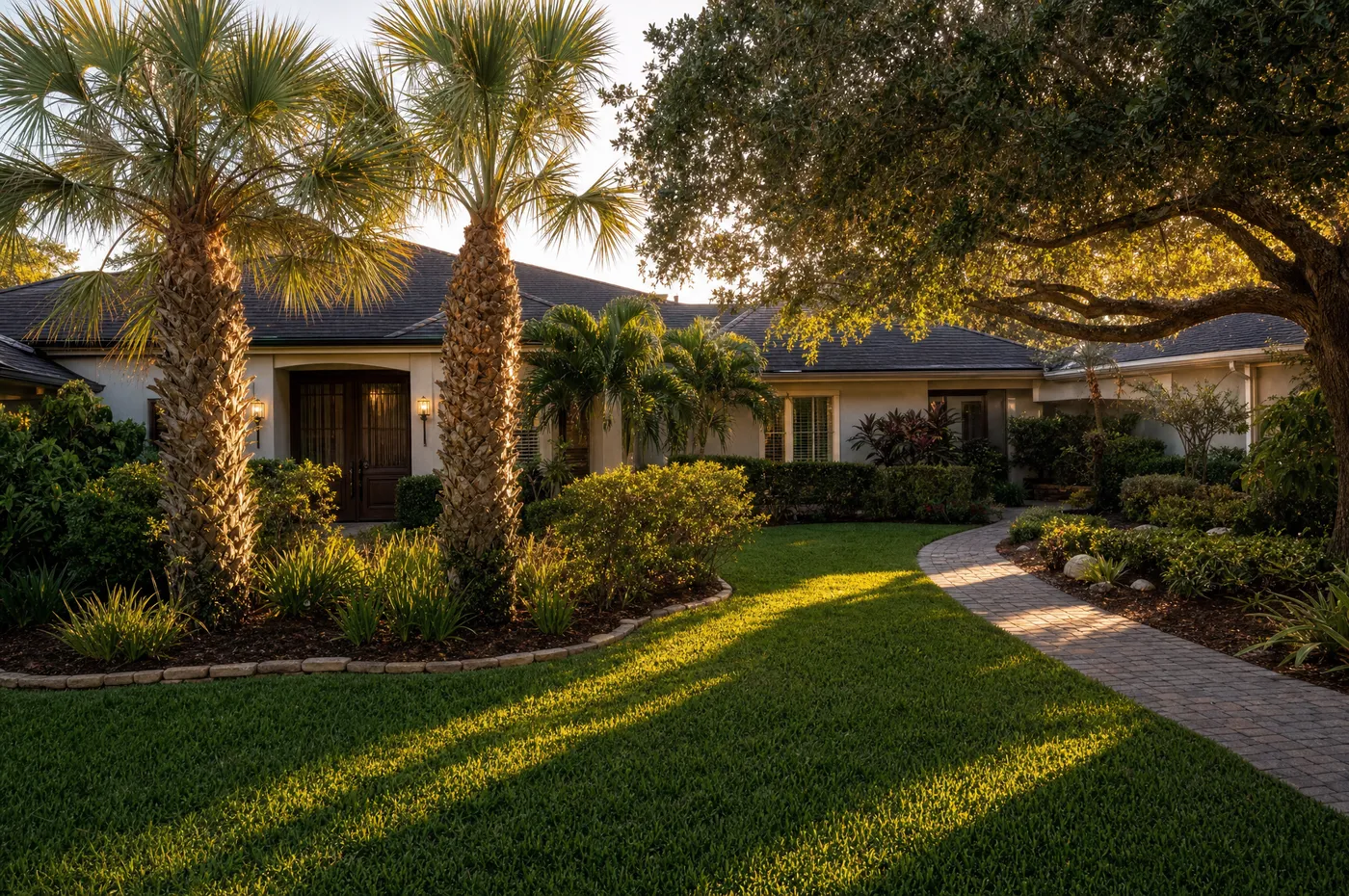 Healthy sabal palms in a Florida residential landscape