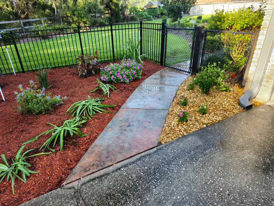 A finished Woods landscape bed with fresh red mulch, flowering plants, and a clean concrete walkway