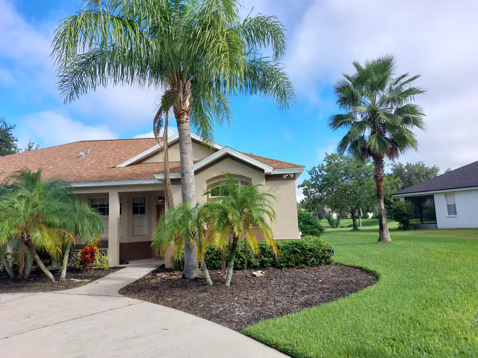 Mature palms and a mulched planting bed in a Florida front yard Woods planted and maintains